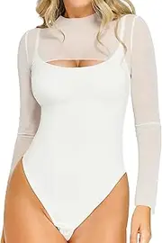 [Popilush] White Shapewear Bodysuits for Women Tummy Control Two Piece Mesh Long Sleeve Crew Neck Bodysuit Built in Bra Club Tops