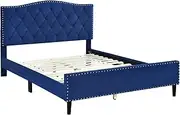 Jessie King Bed Frame Velvet Fabric Upholstery with Adjustable Headboard Stylish Bedroom Furniture Solid Rubberwood Leg Wooden Slatted Bed Base Support 115/125H x 190W x 215D CM Velvet Navy Blue