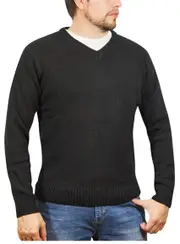 100% Shetland Ragg Wool V Neck Knit Jumper Pullover Mens Sweater Knitted - Plain Black