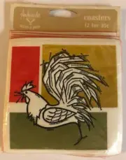 vintage Ambassador retro ROOSTER paper coasters~unopened package of 12~ART
