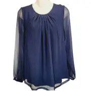 Boden Sheer Overlay Top Size 4 Navy Blue Blouse Long Sleeve Shirt New