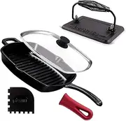 Cuisinel Cast Iron Grill Pan + Rectangular Cast Iron Grill Press + Tempered Glass Lid + Pan Scraper – Pre-Seasoned Ribbed Skillet – 10.5"-Inch Square Grillig Indoor/Outdoor Camping Fire BBQ Cookware