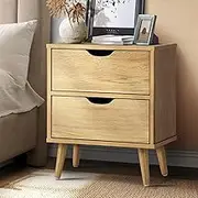 Oikiture Bedside Table with 2 Drawers, Wooden Side Table Nightstand Home Storage Furniture Wood