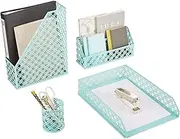 Exerz Desk Organiser 4 Pieces/Office Set/Desktop Metal Mesh Filing Including: A4 Letter Tray x 1, A4 Magazine Rack/Upright Document Holder x 1, Letter Sorter x1, Pen Holder x 1 (4 Pieces, Turquoise)