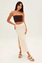 Beige Midi Skirt Knit Front Split - Size 12, Women's Knit Skirt