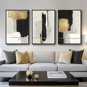 Large Framed Black and White Abstract Wall Art, 3 Piece Canvas Prints Paintings Artwork for Walls, Minimalist Gold Beige Block Pictures for LIving Room Bedroom Office Wall Decor Total 30x60 Inch