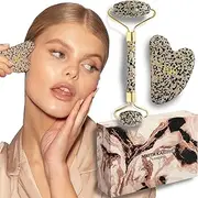 KARIZMA Jade Roller and Gua Sha Massage Tool Set. Dalmatian Jasper Jade Stone Face Roller and Gua Sha Set with Real Crystals! Gift Boxed Facial Roller, Eye Roller and Skin Scraper Guasha Tool For Face