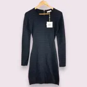 SASS & BIDE NWT $360 Dress Size S Black Cotton Knit Stripe Crew Neck Long Sleeve