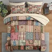 Pamnest Comforter Set Full Size, Country Plaid Patchwork 7 Pcs Bedding for Kids and Adults, Geometric Flower Retro Bed Sheet Sets with Fitted Sheet 2 Pillowcases & 2 Shams for Bedroom Bed Decor