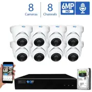 8CH NVR 8 X 6MP PoE IP 3.6mm Lens Microphone Turret Security Camera System 2TB