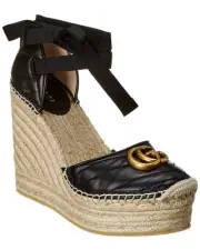 Gucci Gg Leather Platform Wedge Espadrille Women's Black 40.5