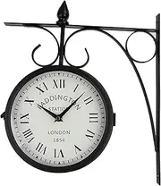 Outdoor Garden Clock,Weatherproof Double-Sided Wall Clock with Outside Bracket European Retro Style Wrought Iron Black Creative Paddington Station Wall Clock Indoor Outdoor Decorat
