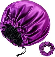 RedJoe 22 Momme 100% Mulberry Silk Bonnet Hair Wrap for Sleeping, Adjustable Silk Scrunchies Sleep Cap for Women Men Hair Care, Head Scarf Night Caps with Elastic Stay On Head, 1Pc(Purple,Black)