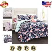 Whimsical Twin Quilt Set with Fox & Heart Designs for Kids - Navy & Pink