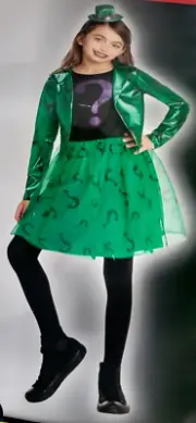 NEW DC Batman Riddler Girl Halloween Costume S 4-6 Dress Hat Villain Dress up