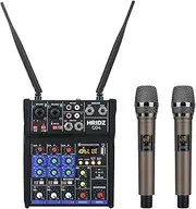 HRIDZ Professional Audio Mixer with UHF Microphones 4 Channel Live Streaming Mixing Console with Build-in UHF Wireless Mics Portable DJ Mixer Sound Board For Studio Recording, Live recording, Karaoke