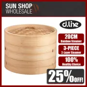 100% Genuine! D.LINE 3 Piece 2-Tier Bamboo Steamer 8" 20cm! RRP $44.95!