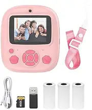 Camera Instant Thermal Printer 2.4 Inch Screen Digital Camera Support r ing 1080P/720P Video Recording Thermal INKL Printing with 3 Rolls White Print Paper+32G ry Card+Card Pink