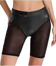 [winying] Women Faux Leather Fifth Shorts Stretchy Bodycon Shorts Solid Color Middle Waist Patchwork Clubwear