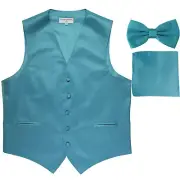 New Men's formal Slim Fit Tuxedo vest Waistcoat_bow tie & hankie aqua blue