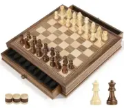 Magnetic Chess Checkers Board Sets with 2 Built-in Storage Walnut Color