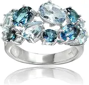 [Ice Gems] Sterling Silver Genuine London Blue Topaz and Blue Topaz Tonal Cluster Ring