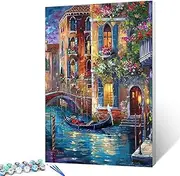 Venice Gondola Landscape Paint by Numbers Kits 16x20 inch Canvas Graffitic Building with Flowers DIY Oil Painting for Adults Beginner, 16''x20' inch Boat Paintwork with Brushes Office Decor(DIY Frame)