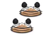 CARLA HOME 2 Pack Bamboo Corner Shower Caddy Shelf Basket Rack with Premium Vacuum Suction Cup No-Drilling for Bathroom and Kitchen