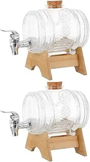 2 Sets 1kg Glass Beverage Dispenser with Leak Free Spigot Wood Stand Glass Drink Barrel for Outdoor Party Cold Drink Wine Juice