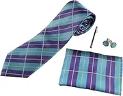 [Zasel] Mens Turquoise & Purple Checkered Matching Neck Tie, Pocket Square, Cuff Links And Tie Clip Set Turquoise, Dark Purple, Silver, Light Yellow, Black