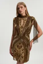 Petite Embellished Beaded Cap Sleeve Woven Mini Dress