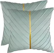 Tosleo Mint Green Velvet Throw Pillow Covers 18 x 18 inch Pack of 2 with Gold Leather Emerald Green Spring Decorative Couch Pillowcases Luxury Modern Pillow Cases for Living Room Bedroom Sofa Cushion
