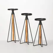 Wood Metal Candle Holders Taper Set 3 Rustic Farmhouse Distressed
