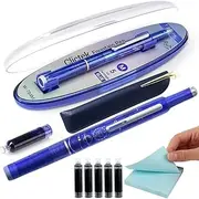 Protectivemethod Fountain Pen Retractable: 0.38mm Blue&Black Ink Transparent Barrel Include 5 Refillable Ink Cartridges, Visulong Fine Nib Press Fountain Pen Set for Writing Office(Blue B,Black Ink)
