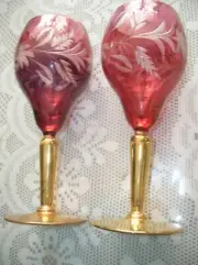 CZECH BOHEMIAN COLORED CRYSTAL LIQUOR SET of 2 ON STEM