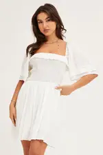 White Mini Dress Short Sleeve - Size 10, Women's Skater Dress