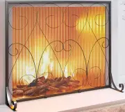Single Panel Handcrafted Wrought Iron Symmetric Scroll Flat Fireplace Screen wit