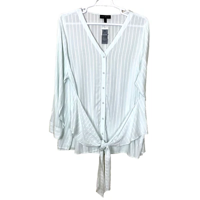 Lane Bryant Womens Top 22 24 Long Sleeve Wrap Tie Green Rayon Stripe NEW Shirt