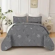 Drucon Grey Quilt King Size - 3 Pieces Branch Botanical Quilt Reversible Microfiber Bedspreads with Floral Pattern Lightweight Bedding Set with 2 Pillow Cases