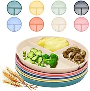 LYHLYA 9-Inch Unbreakable Divided Plates, 8-Pack Microwave & Dishwasher Safe Wheat Straw Plates, BPA-Free, 3-Compartment Portion Control Plates for Kids & Adults, Durable Dinnerware