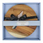 2pc Acacia Wood Round 22.5cm Board Tray & Metal Shell Spreader Knife Cutlery Set