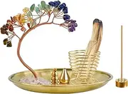 MrMrKura 5 in 1 Incense Burner, 7 Chakra Crystal Tree Incense Holder Palo Santo Holder Sage Burner for Incense Sticks Brass Ash Catcher for Yoga Meditation Home Decor (Round)