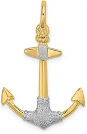 [JewelryWeb] 14ct and Rhodium Polished And Textured 3d Shackle Bail Nautical Ship Mariner Anchor Pendant Necklace 35.4x22.3mm Wide 7.3mm Thick