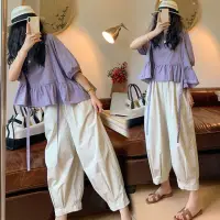 在飛比找momo購物網優惠-【K.W.】型-法式浪漫紫彩亞麻收口褲套裝