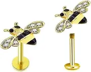 [Generic] Cute Honeybee Cartilage labret Stud Earrings Stainless Steel Crystal Cubic Zirconia Bee Tragus Conch Helix Studs Lip Nose Rings Fashion Body Piercing Bar 8mm Length Jewelry for Women