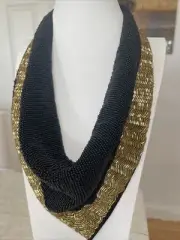Vintage 1970s Studio 54 Gold Black Beaded Scarf Necklace Ascot