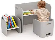 HONEY JOY Kids Table and Chair Set, 3 Pieces Wooden Activity Table Bench w/Storage Shelves, Desk Chair for Children Learning, Reading, Arts, Crafts, Snack Time, Table & Chair Set for Playroom, Grey