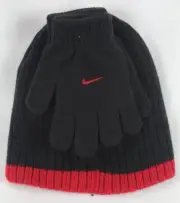 Nike Boys Swoosh Beanie Hat & Gloves 2PC Set Black Red Size 8/20 NWT
