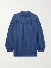 [Loro Piana] Loro Piana - Zoey Gathered Linen Blouse - Azure - x large x large Blue