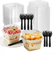 Ai-OUMLEEF Minimalist Square Clear Dessert Cups, 8 oz, 50 Pcs with Lids and Sporks, Fruit Cups with Lid for Party, Yogurt Parfait Containers for Pudding, Yogurt Fruit, Mousse and Ice Cream
